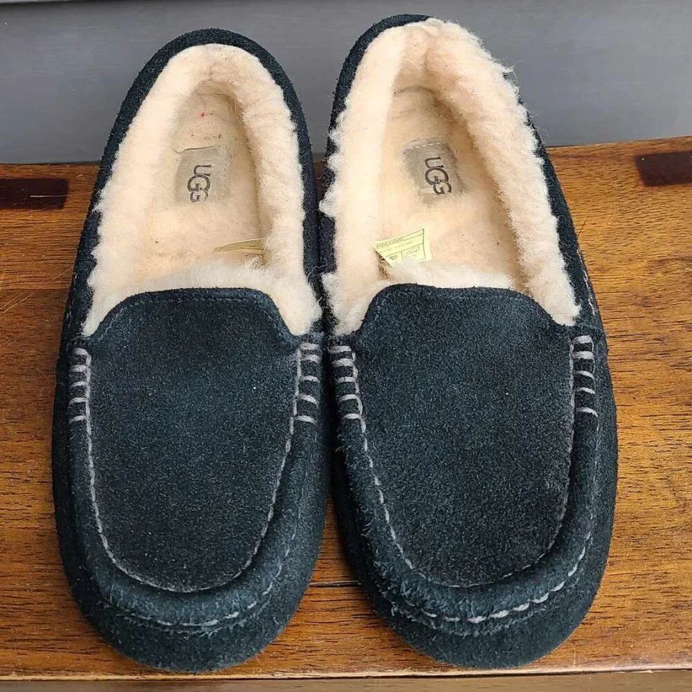 UGG Black Ansley Suede Shearling Slippers size 7